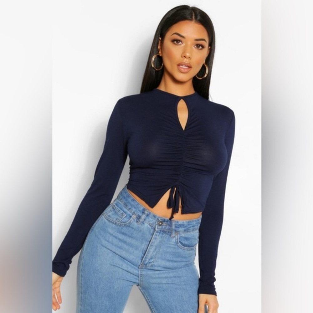 Boohoo Sapphire Blue Ruched Front Cut Out Detail Ribbed Long Sleeve Top Size 8
